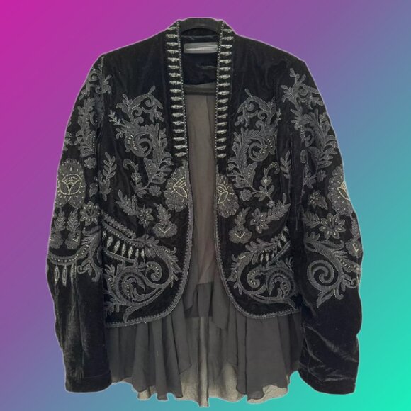 Fantasy Chiffon Ruffles Floral Embroidered Beading Black Velvet Jacket Sz M - Picture 3 of 10